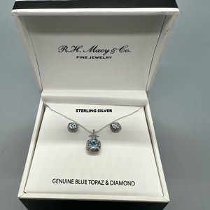 Maceys Genuine Topaz Sterling Silver & Diamond Necklace Pendant & Earrings